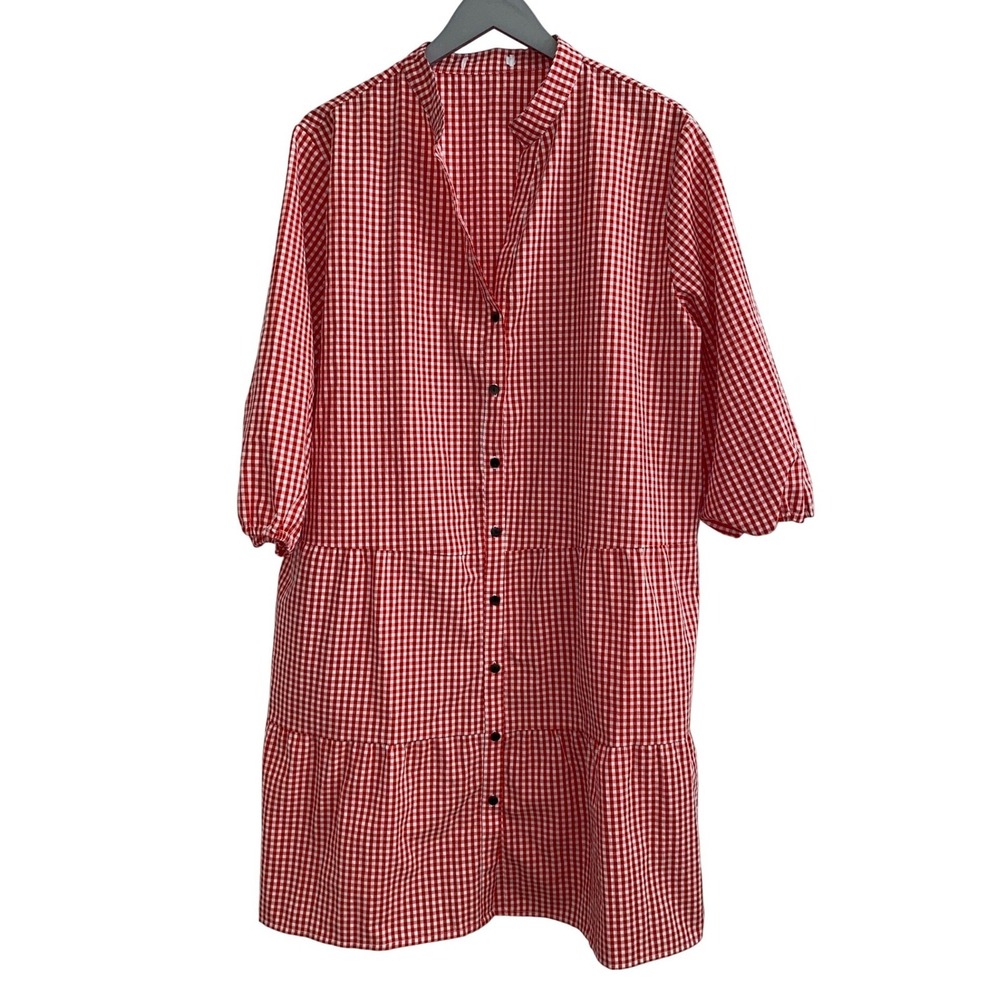 Gingham Tiered Flowy Button Puffy‎ Sleeve Midi Dress Red White XL - Picture 3 of 6